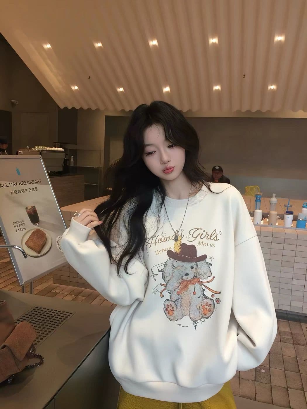 후아 면 복합 프린트 라운드 넥 후드티 여성 얇은 스타일 털이 있는 상세 이미지 4