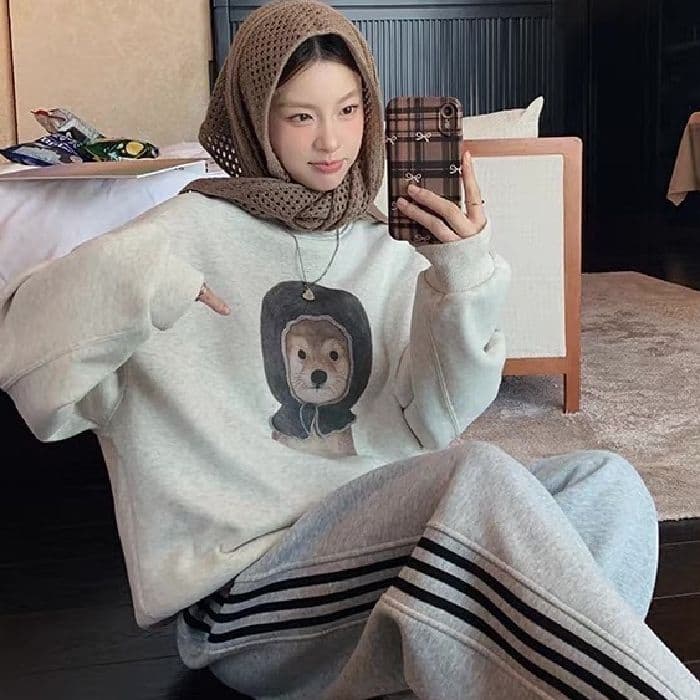 후아 면 복합 프린트 라운드 넥 후드티 여성 얇은 스타일 털이 있는