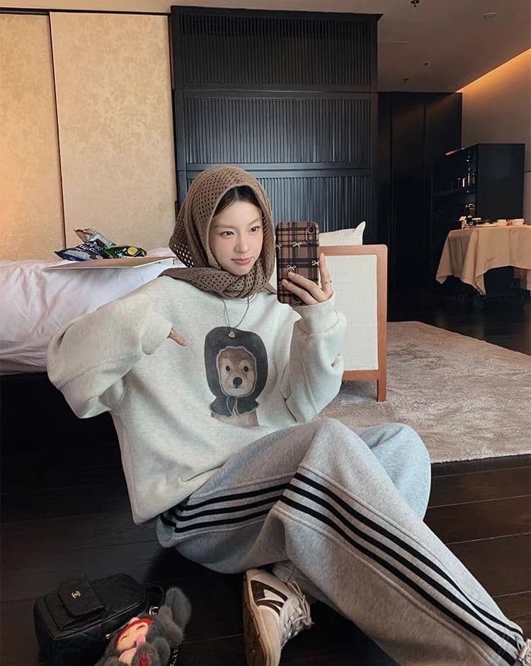후아 면 복합 프린트 라운드 넥 후드티 여성 얇은 스타일 털이 있는 상세 이미지 2