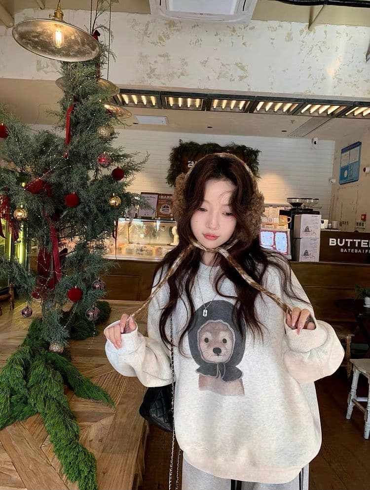 후아 면 복합 프린트 라운드 넥 후드티 여성 얇은 스타일 털이 있는 상세 이미지 4