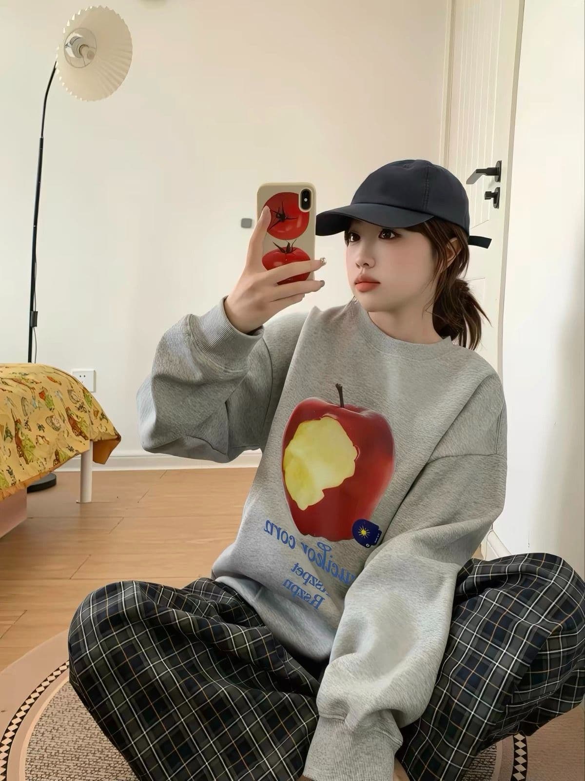 후아 면 복합 프린트 라운드 넥 후드티 여성 얇은 스타일 털이 있는 이미지 3