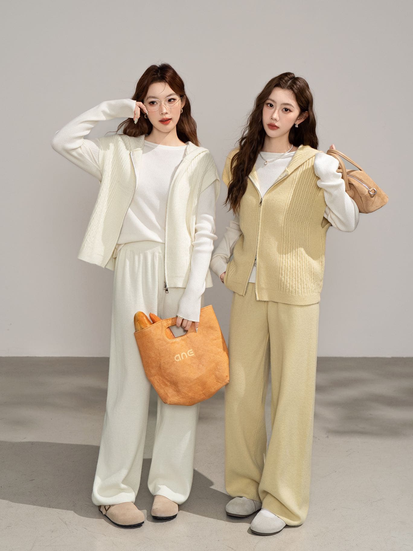 실사 한 부서 느긋한 바람 고유 한 Chic 레트로 3종 세트 후드 패치워크 니트 베스트 와이드 레그 팬츠