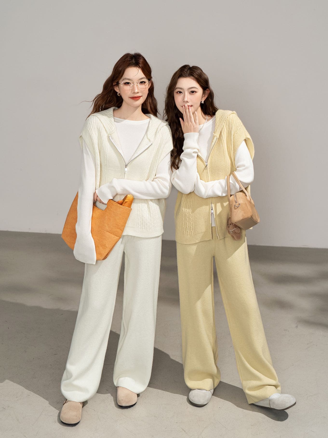 실사 한 부서 느긋한 바람 고유 한 Chic 레트로 3종 세트 후드 패치워크 니트 베스트 와이드 레그 팬츠 상세 이미지 1
