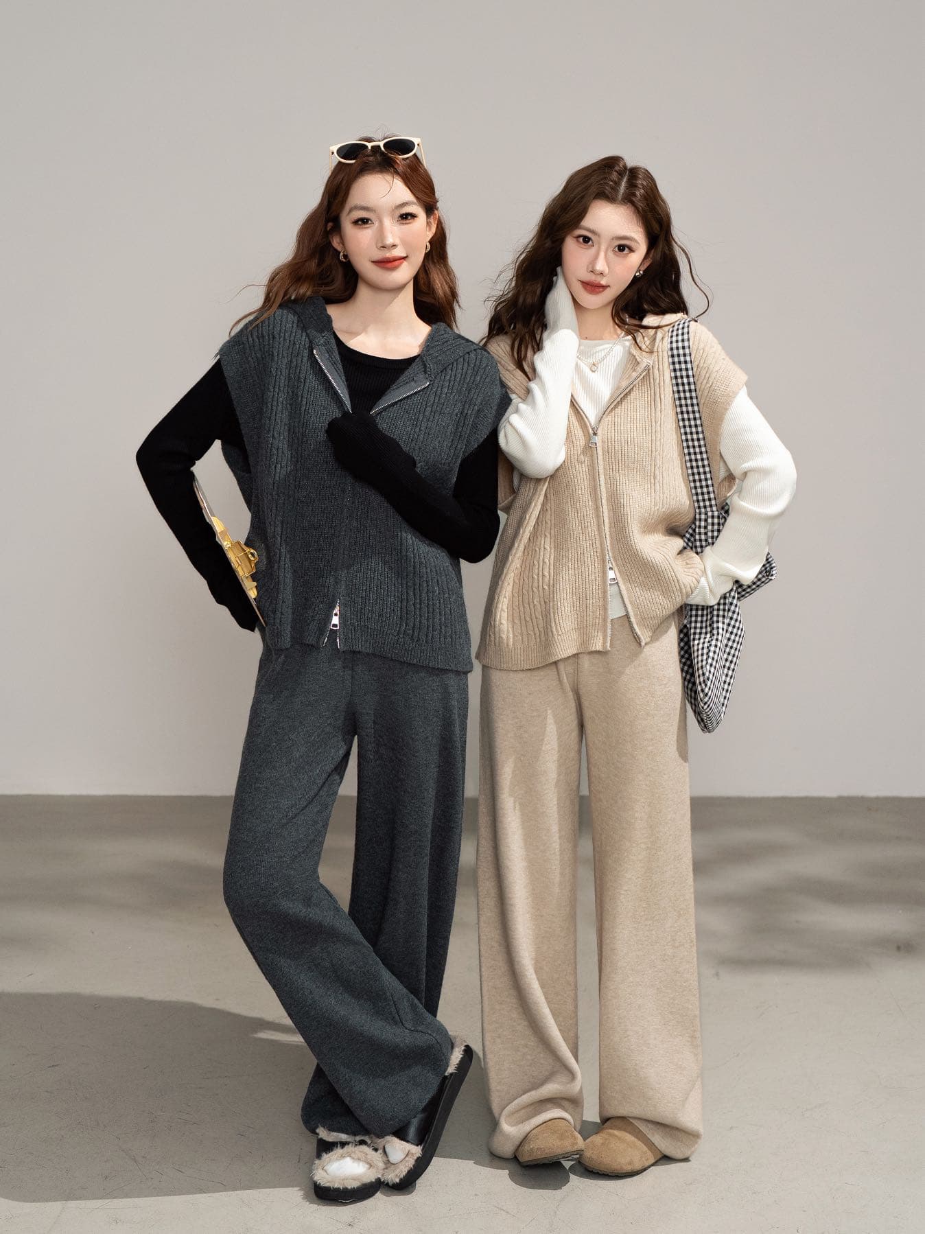 실사 한 부서 느긋한 바람 고유 한 Chic 레트로 3종 세트 후드 패치워크 니트 베스트 와이드 레그 팬츠 상세 이미지 5