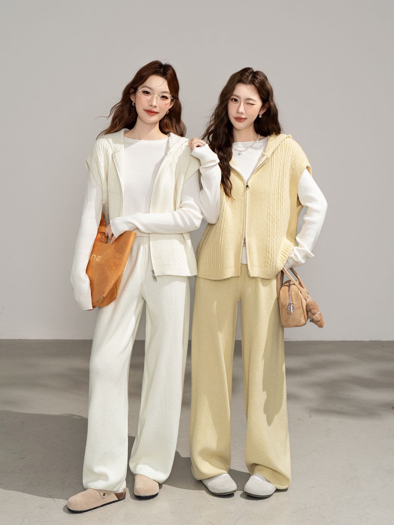 실사 한 부서 느긋한 바람 고유 한 Chic 레트로 3종 세트 후드 패치워크 니트 베스트 와이드 레그 팬츠 상세 이미지 9