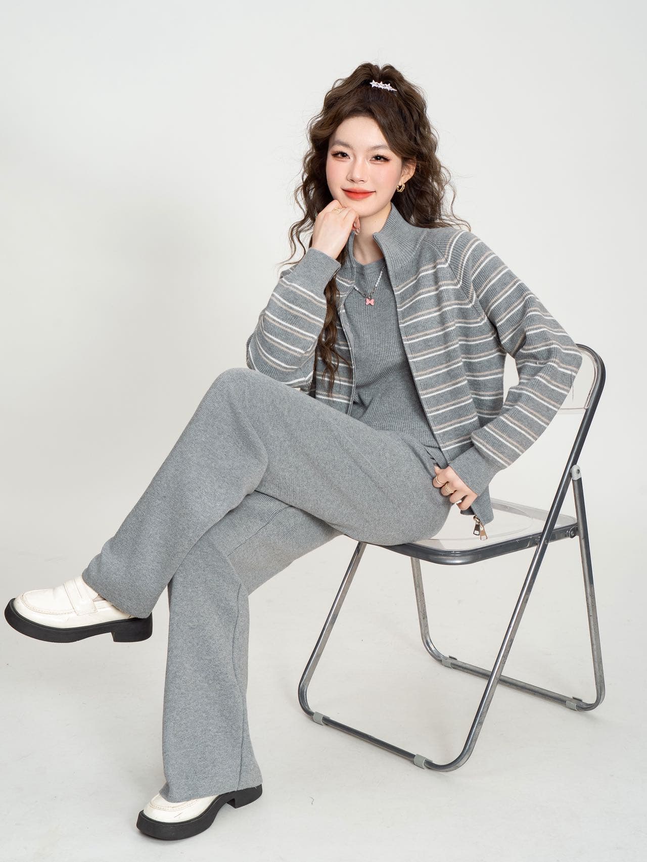실사 한 부서 스트라이프 연령 감소 니트 패키지 코어 실 오픈 가디건 학원 스타일 지퍼 폴로 칼라 스웨터 코트 바지 상세 이미지 4