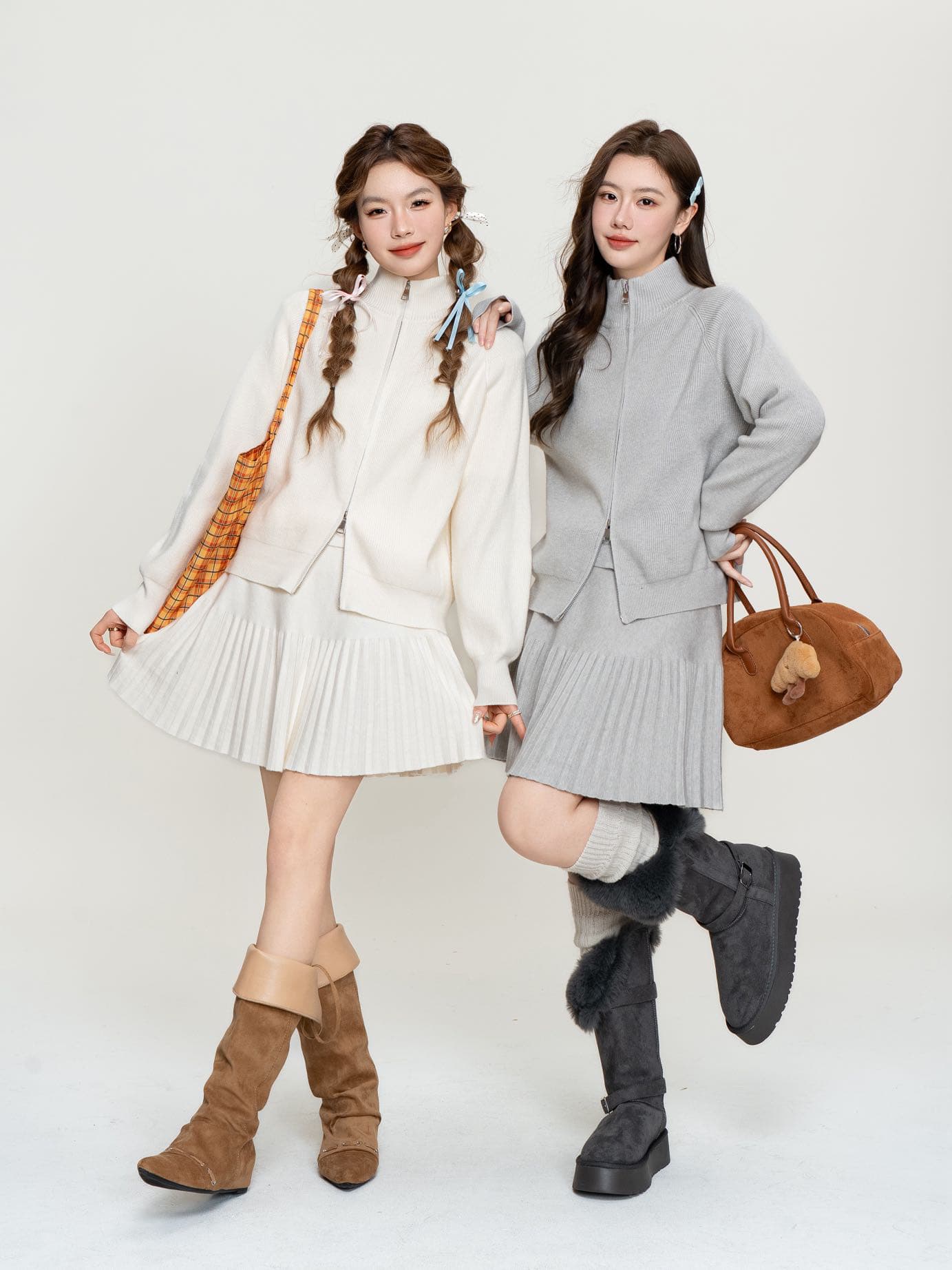 실사 가을 새로운 달콤함 스웨터 코트 반신 스커트 패션 품격 플리츠 스커트 니트 투피스 세트 상세 이미지 2