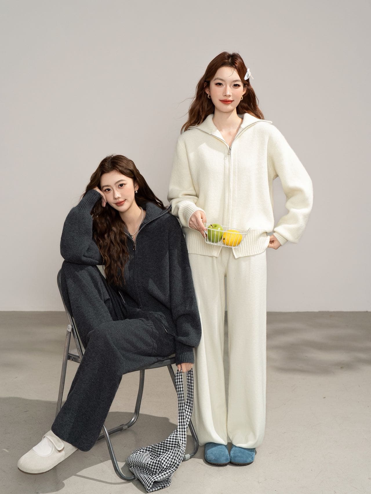 실사 느긋한 뜨거운 더블 머리 지퍼 후드 니트 오픈 가디건 와이드 레그 팬츠 겨울 패션 출퇴근 스웨터 투피스 세트 이미지 2