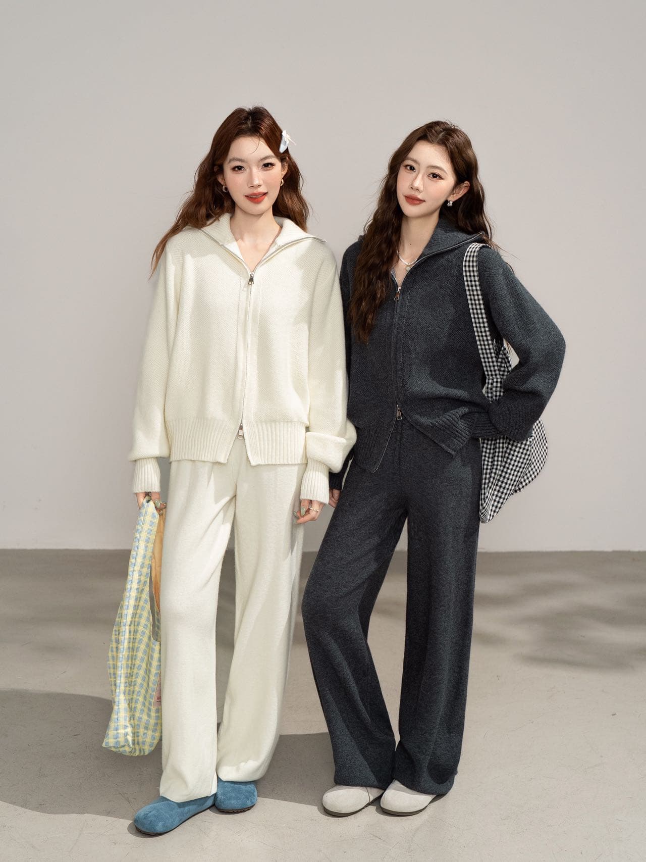 실사 느긋한 뜨거운 더블 머리 지퍼 후드 니트 오픈 가디건 와이드 레그 팬츠 겨울 패션 출퇴근 스웨터 투피스 세트 이미지 4