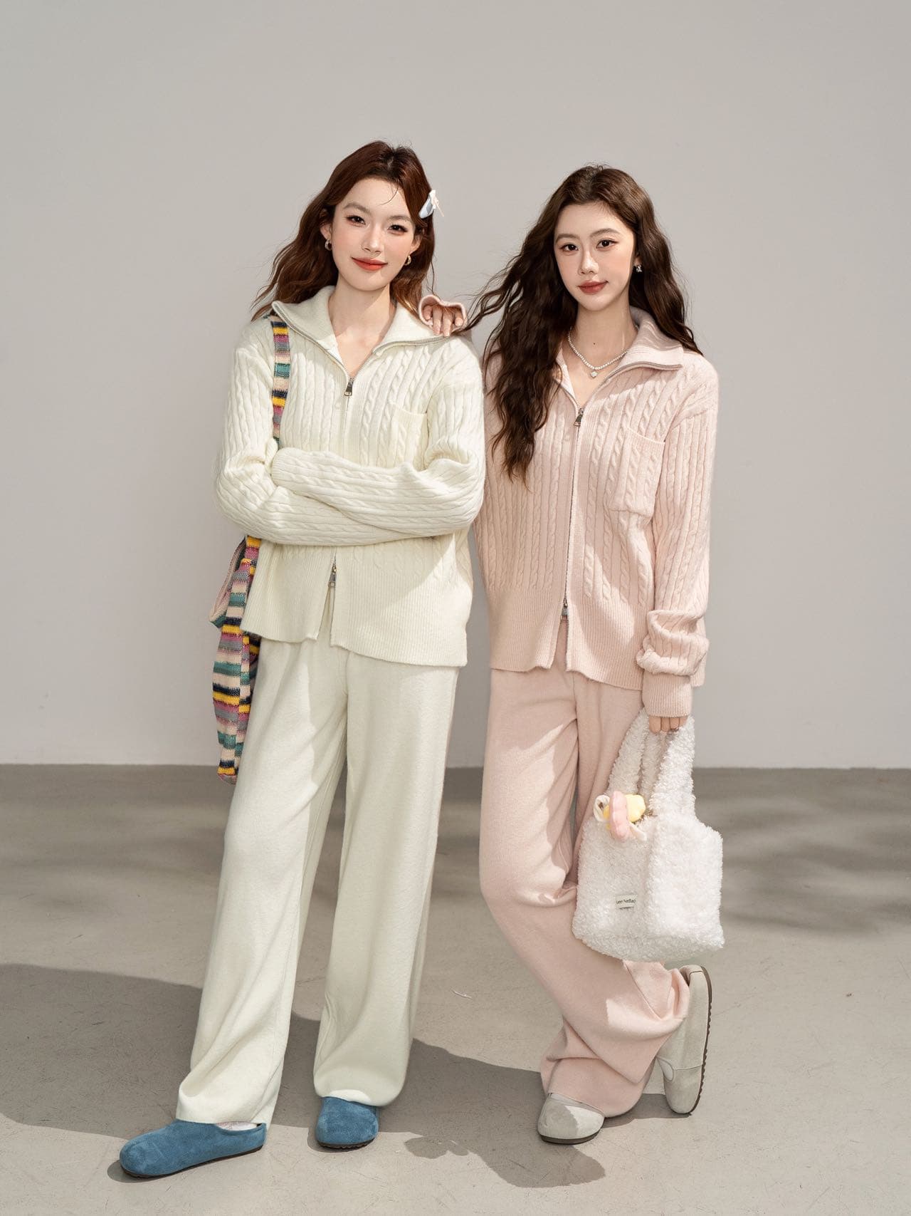 실사 느긋한 뜨거운 더블 머리 지퍼 후드 니트 오픈 가디건 와이드 레그 팬츠 겨울 패션 출퇴근 스웨터 투피스 세트 상세 이미지 1