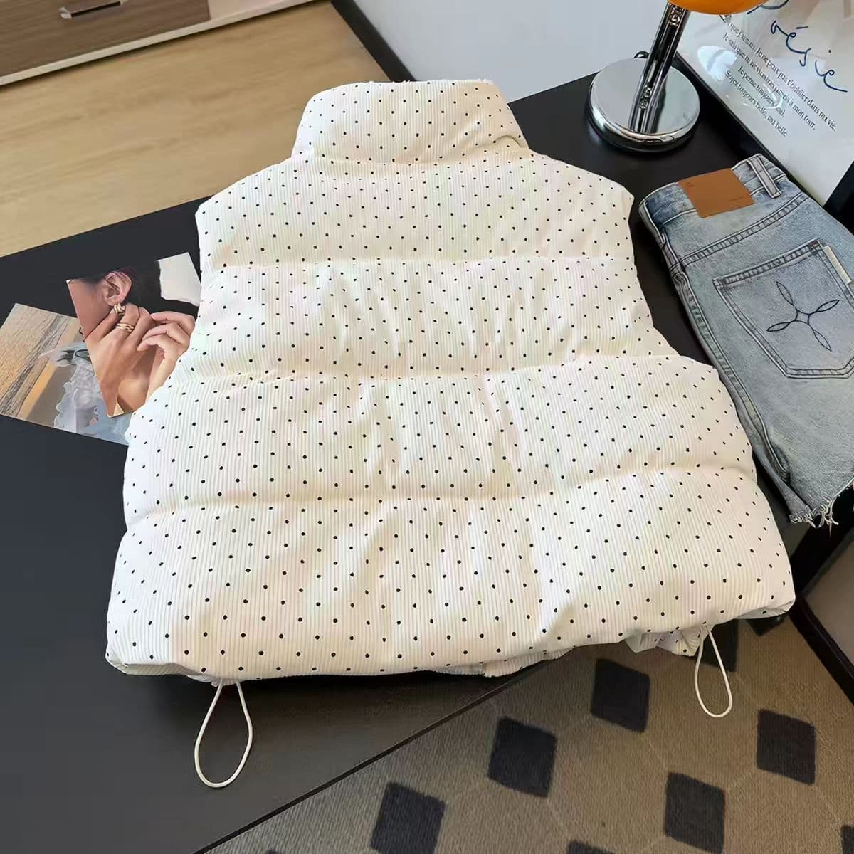 가을 겨울철 한국 스타일 다용도 달콤함 도트 무늬 면 의류 베스트 작은 키 일본식 보온 패션 민소매 어깨 상세 이미지 8