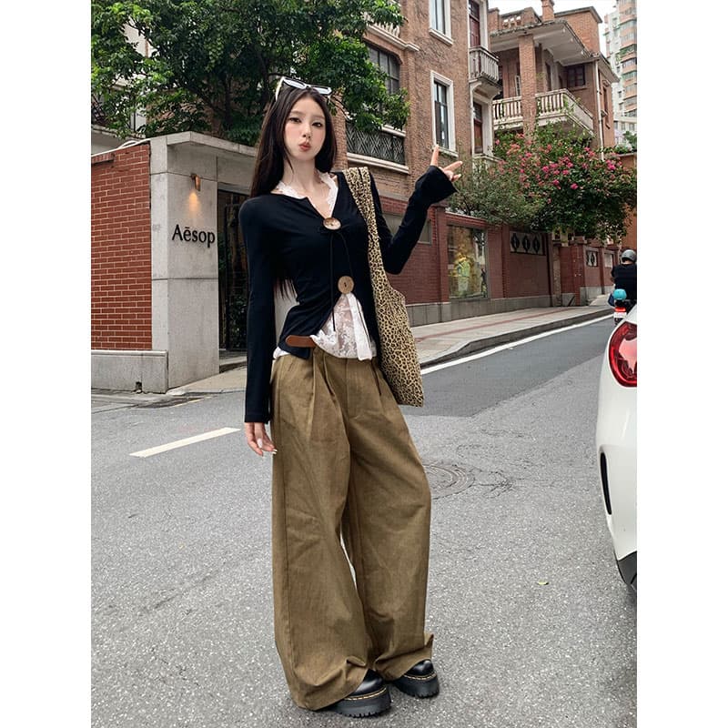 원본 원단 품질 디자인 센스 V넥 트임 단추 티셔츠 여성 새로운 이른 가을 슬림해 보이는 맨위 상세 이미지 10