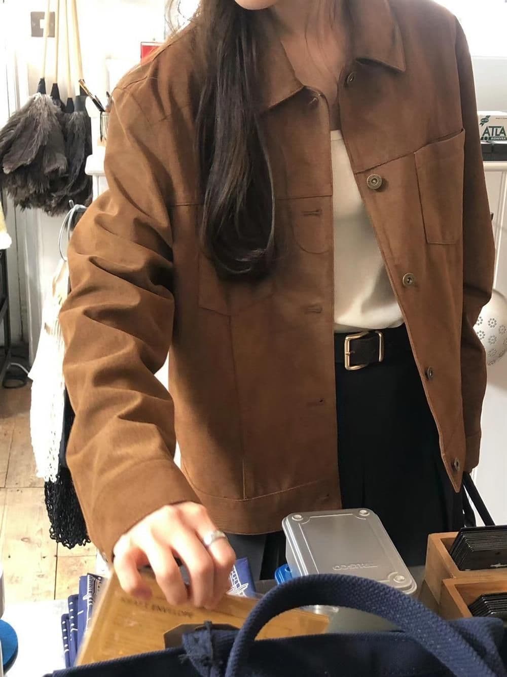 아메리칸 레트로 스웨이드 원단 여성 코트 봄 가을 새로운 고급 센스 다용도 작은 키 쇼트 스타일 재킷 맨위 트렌디 섹션 상세 이미지 1
