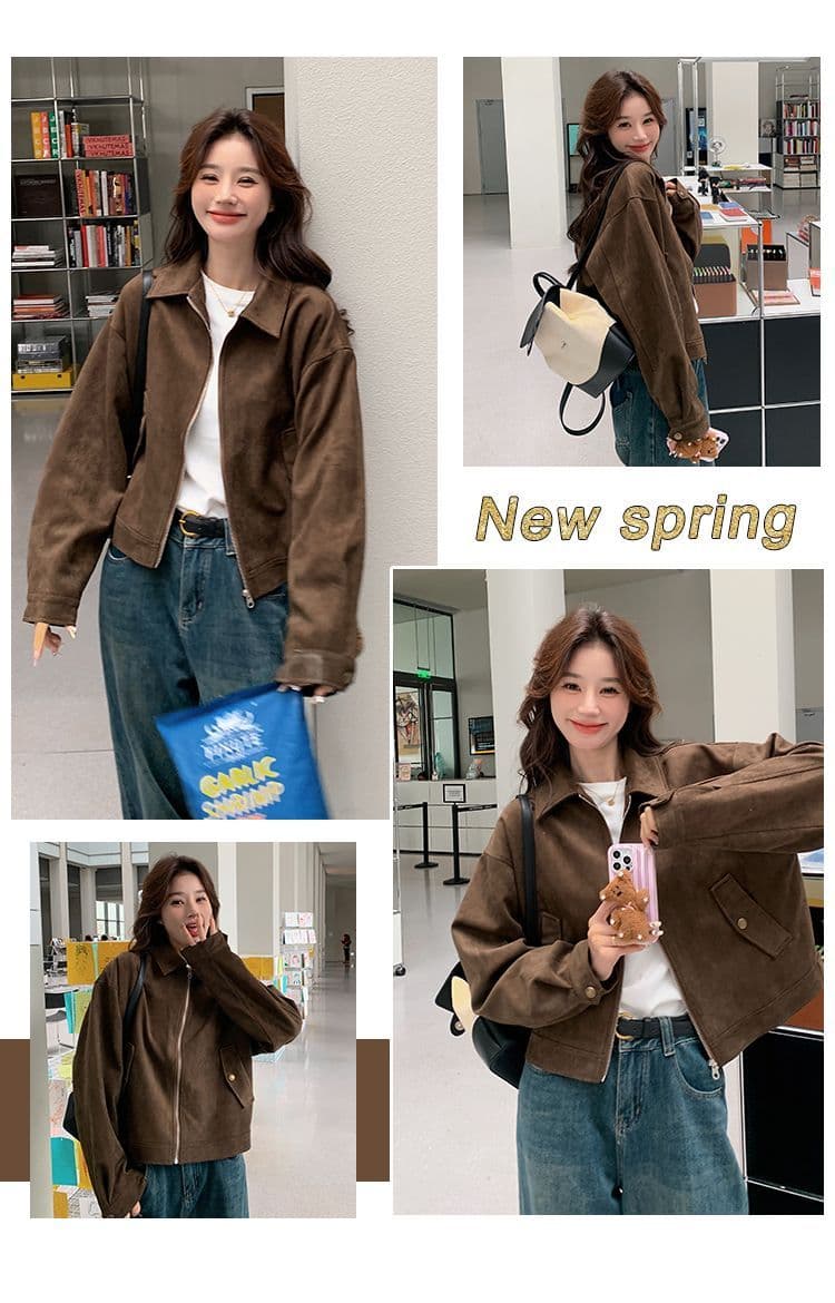 아름다움 라드. 쇼트 스타일 스웨이드 원단 여성 코트 봄과 가을 옷 아메리칸 레트로 느긋한 chic 다시 차가운 다시 바람의 소리 가죽 재킷 재킷 상세 이미지 1
