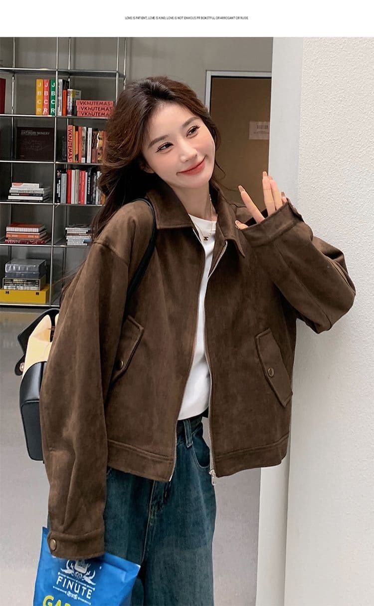 아름다움 라드. 쇼트 스타일 스웨이드 원단 여성 코트 봄과 가을 옷 아메리칸 레트로 느긋한 chic 다시 차가운 다시 바람의 소리 가죽 재킷 재킷 상세 이미지 4