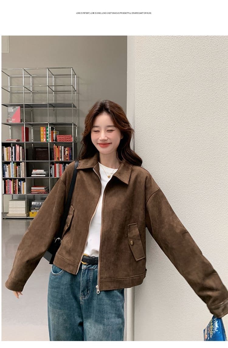 아름다움 라드. 쇼트 스타일 스웨이드 원단 여성 코트 봄과 가을 옷 아메리칸 레트로 느긋한 chic 다시 차가운 다시 바람의 소리 가죽 재킷 재킷 상세 이미지 14