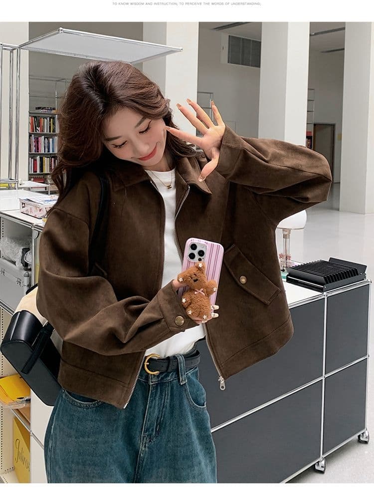 아름다움 라드. 쇼트 스타일 스웨이드 원단 여성 코트 봄과 가을 옷 아메리칸 레트로 느긋한 chic 다시 차가운 다시 바람의 소리 가죽 재킷 재킷 상세 이미지 19