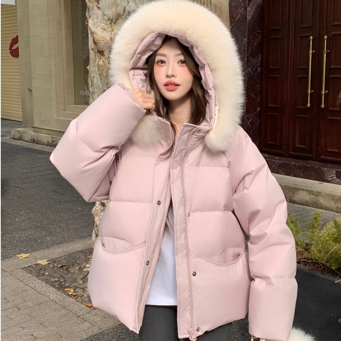 큰 모피 칼라 핑크색 후드 아래 면화 의류 여성 겨울 새로운 작은 키 달콤함 보온 클립 목화 진딧물 두꺼운 재킷 이미지 4
