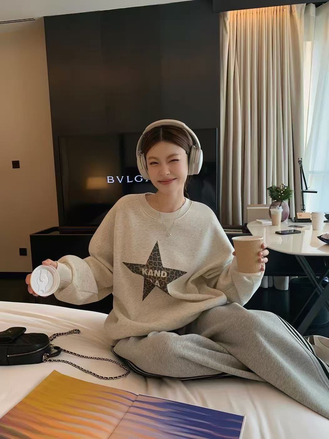 후아 면 복합 프린트 라운드 넥 후드티 여성 얇은 스타일 털이 있는 이미지 4