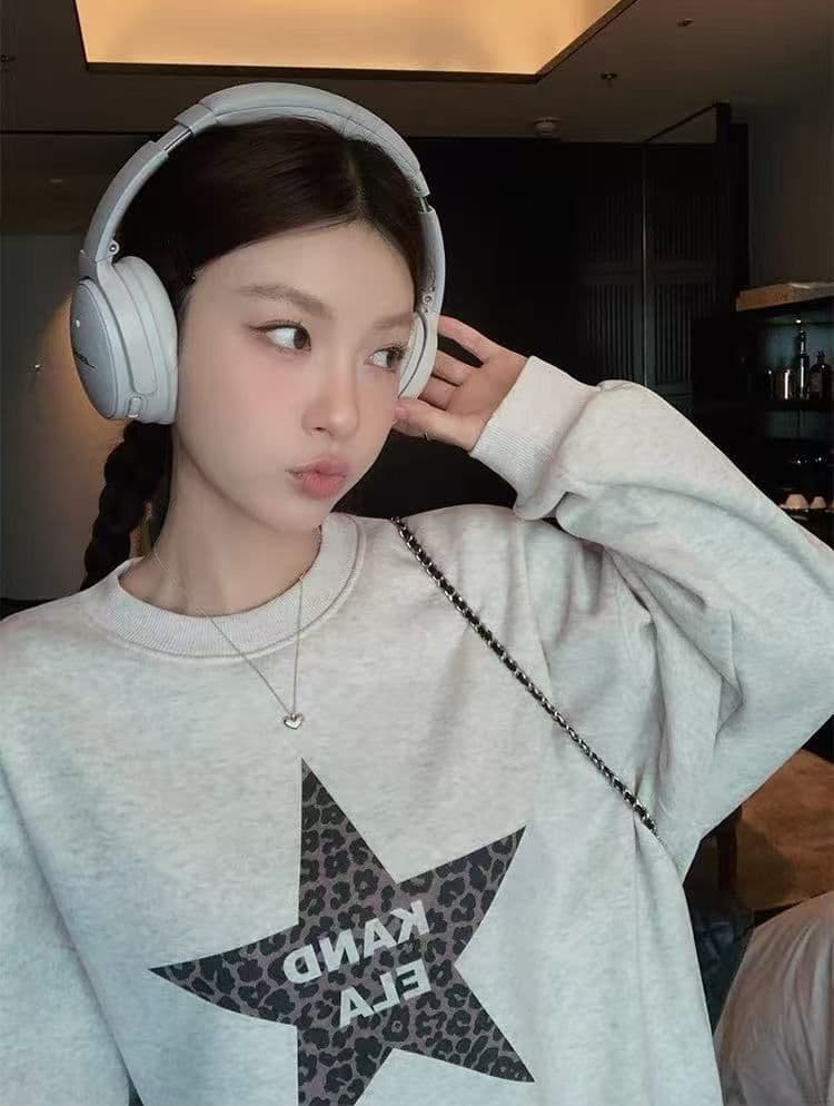 후아 면 복합 프린트 라운드 넥 후드티 여성 얇은 스타일 털이 있는 상세 이미지 2