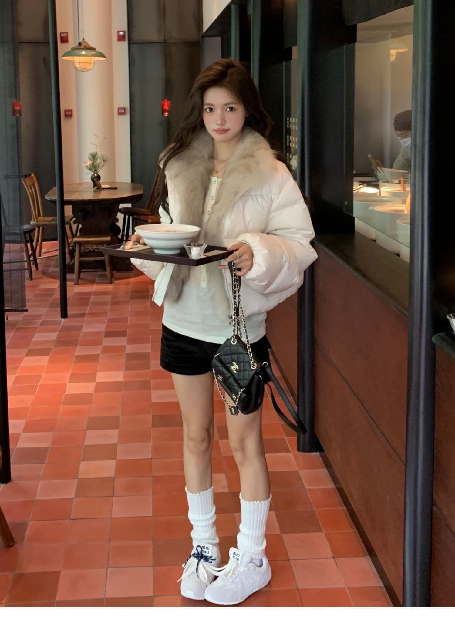 학원 패치워크 쇼트 스타일 아래 면화 의류 여성 모방 여우 모피 칼라 루즈핏 두꺼운 작은 키 한국 스타일 빵 외투 상세 이미지 6
