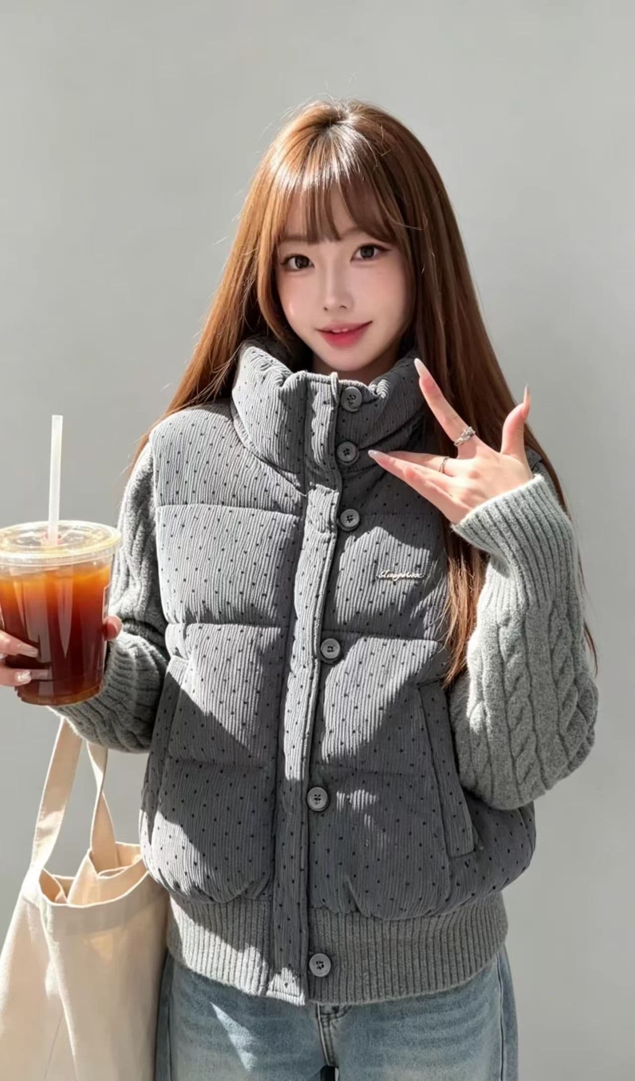한 부서 달콤함 도트 무늬 니트 패치워크 긴팔 면 의류 여성 코트 겨울 루즈핏 두꺼운 쇼트 스타일 보온 패딩 재킷 상세 이미지 9
