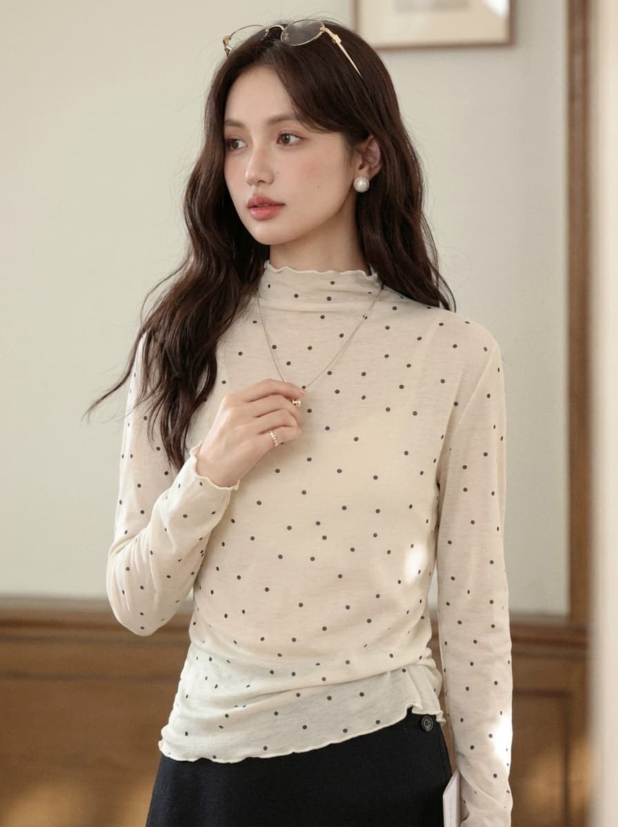 부드러운 바람 도트 무늬 긴팔 기본 셔츠 여성 봄 가을 새로운 반하이넥 인사이드 가져 가라. 스택 착용 프랑스식 품격 맨위 상세 이미지 5