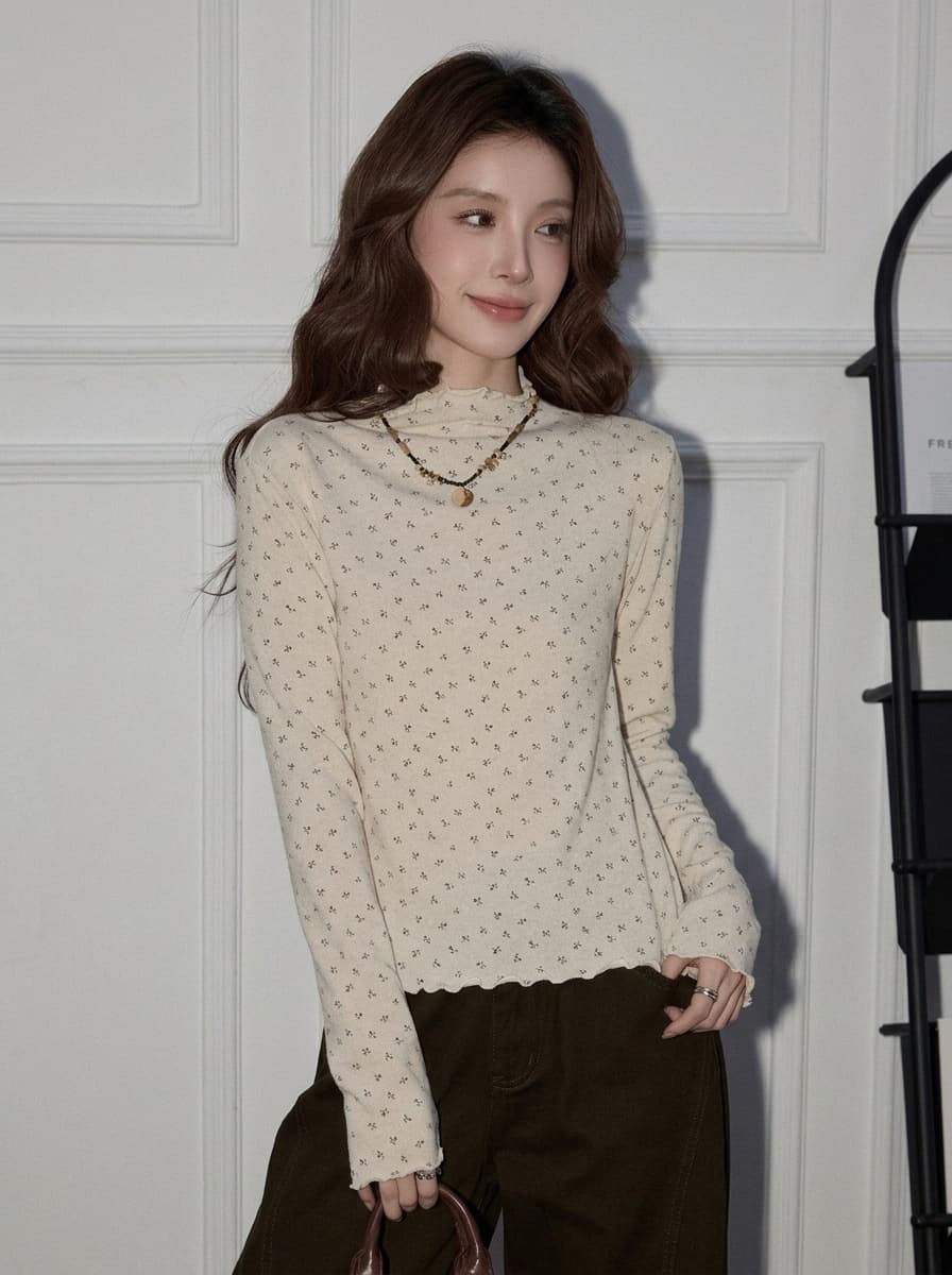 작은 터틀넥 기본 셔츠 여성 가을 겨울 인사이드 가져 가라. 몸매 가꾸기 슬림해 보이는 꽃무늬 긴팔 맨위 프릴 품격 다용도 티셔츠 이미지 2