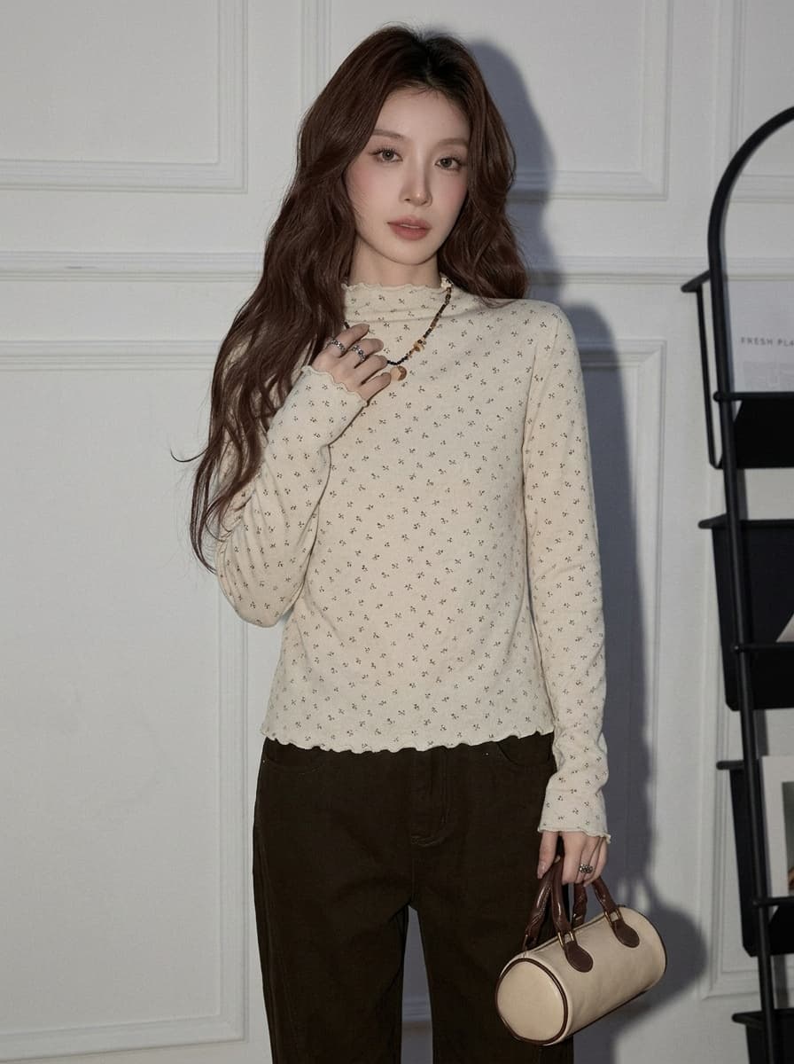 작은 터틀넥 기본 셔츠 여성 가을 겨울 인사이드 가져 가라. 몸매 가꾸기 슬림해 보이는 꽃무늬 긴팔 맨위 프릴 품격 다용도 티셔츠 상세 이미지 5