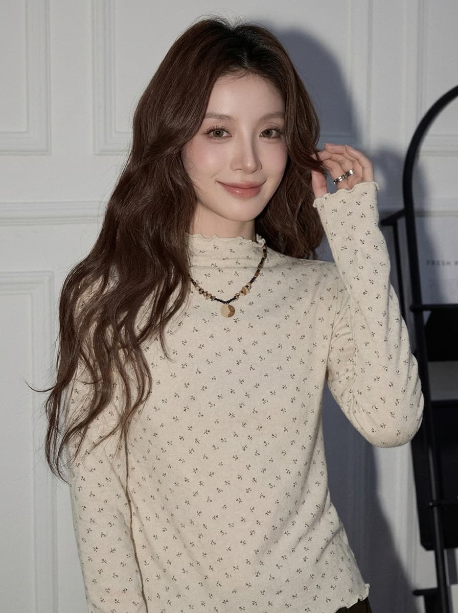 작은 터틀넥 기본 셔츠 여성 가을 겨울 인사이드 가져 가라. 몸매 가꾸기 슬림해 보이는 꽃무늬 긴팔 맨위 프릴 품격 다용도 티셔츠 상세 이미지 8