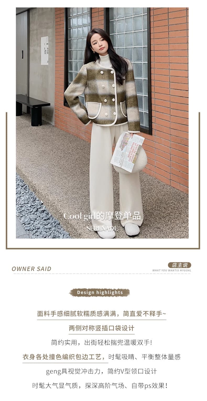 명문 여성 작은 샤넬 스타일 체크무늬 코트 여성 짧은 모직 외투 2026 년 새로운 영국식 바람 라운드 넥 더블 행 가을 겨울 상세 이미지 2