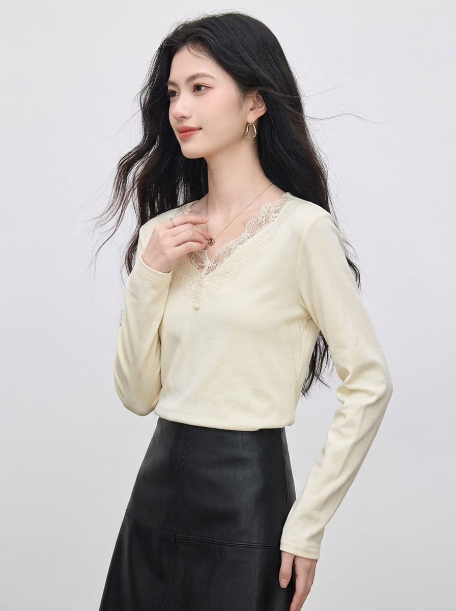 봄 가을 새로운 품격 V넥 레이스 레이스 긴팔 티셔츠 여성 셔츠 몸매 가꾸기 슬림해 보이는 우유 살구 색상 인사이드 가져 가라. 기본 셔츠 이미지 2