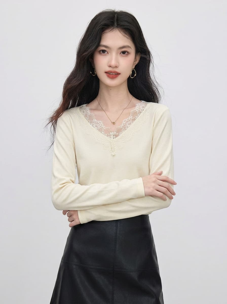봄 가을 새로운 품격 V넥 레이스 레이스 긴팔 티셔츠 여성 셔츠 몸매 가꾸기 슬림해 보이는 우유 살구 색상 인사이드 가져 가라. 기본 셔츠 상세 이미지 6