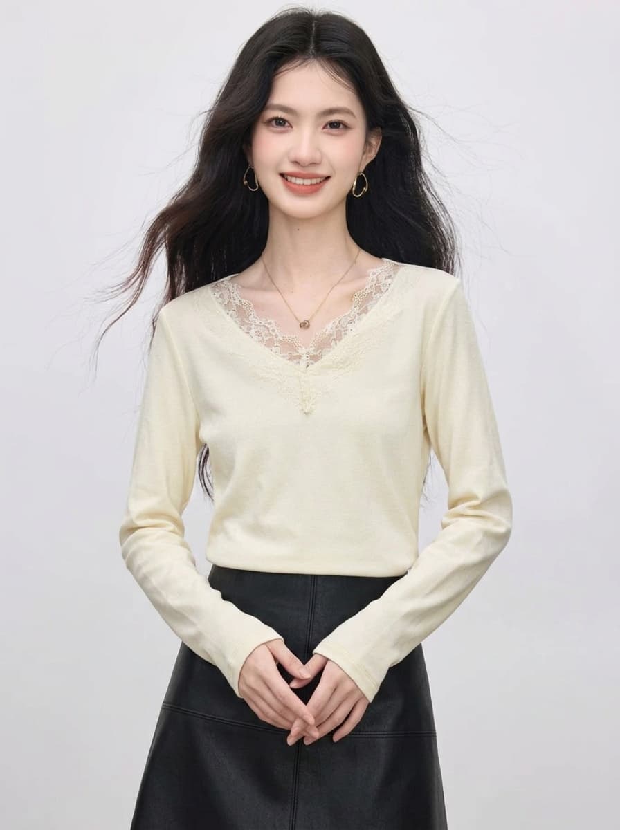 봄 가을 새로운 품격 V넥 레이스 레이스 긴팔 티셔츠 여성 셔츠 몸매 가꾸기 슬림해 보이는 우유 살구 색상 인사이드 가져 가라. 기본 셔츠 상세 이미지 7