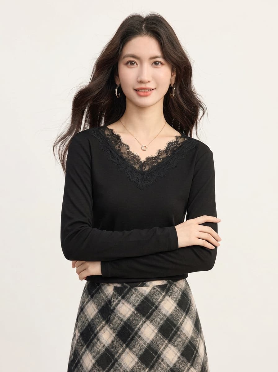 봄 가을 새로운 품격 V넥 레이스 레이스 긴팔 티셔츠 여성 셔츠 몸매 가꾸기 슬림해 보이는 우유 살구 색상 인사이드 가져 가라. 기본 셔츠 상세 이미지 11