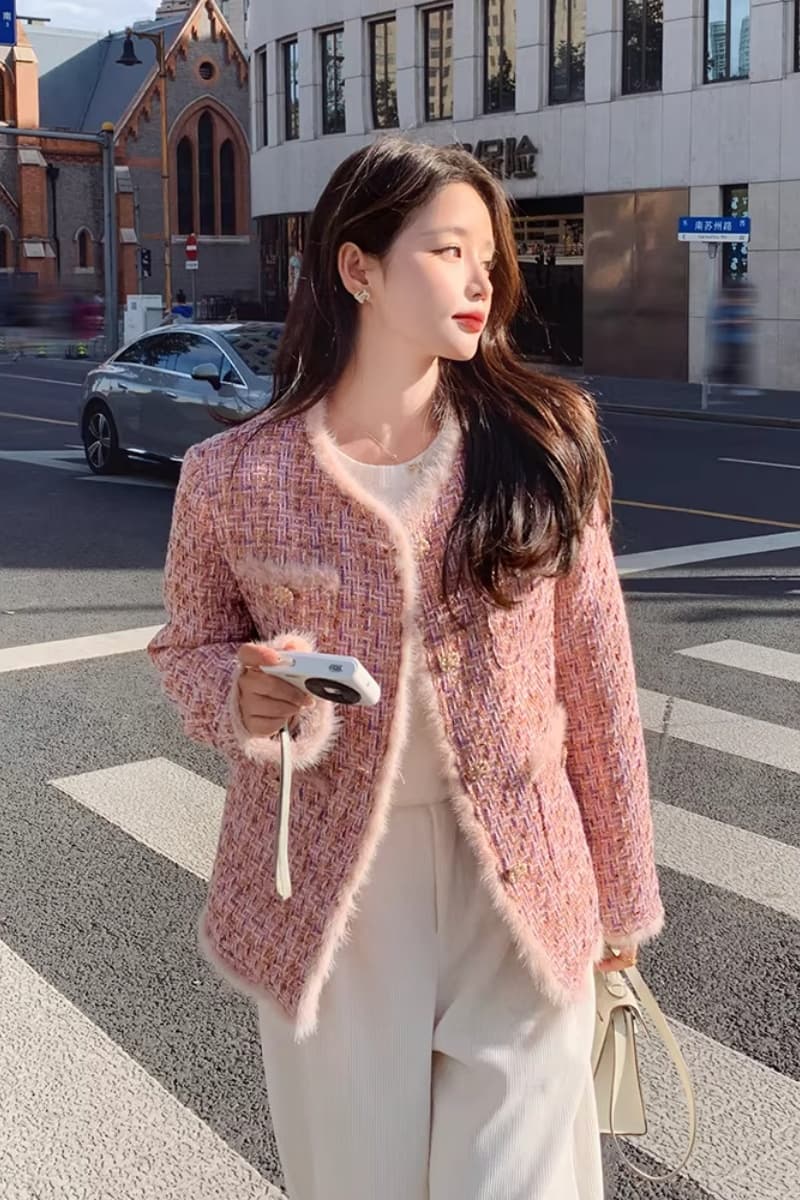 핑크색 작은 샤넬 스타일 두꺼움 여성 코트 가을 겨울 2026 새로운 폭발 고급 절묘한 여성 쇼트 스타일 내피 면 의류