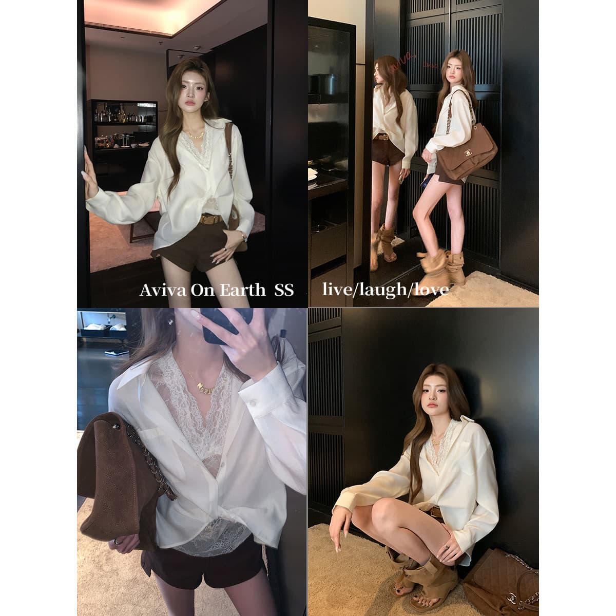 모방 주간 실크 원단 레이스 레이스 품격 인사이드 가져 가라. 셔츠 측면 허리 핀치 Pleat 레이스 V넥 폴로 칼라 긴팔 셔츠 이미지 3
