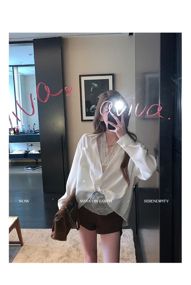 모방 주간 실크 원단 레이스 레이스 품격 인사이드 가져 가라. 셔츠 측면 허리 핀치 Pleat 레이스 V넥 폴로 칼라 긴팔 셔츠 상세 이미지 5