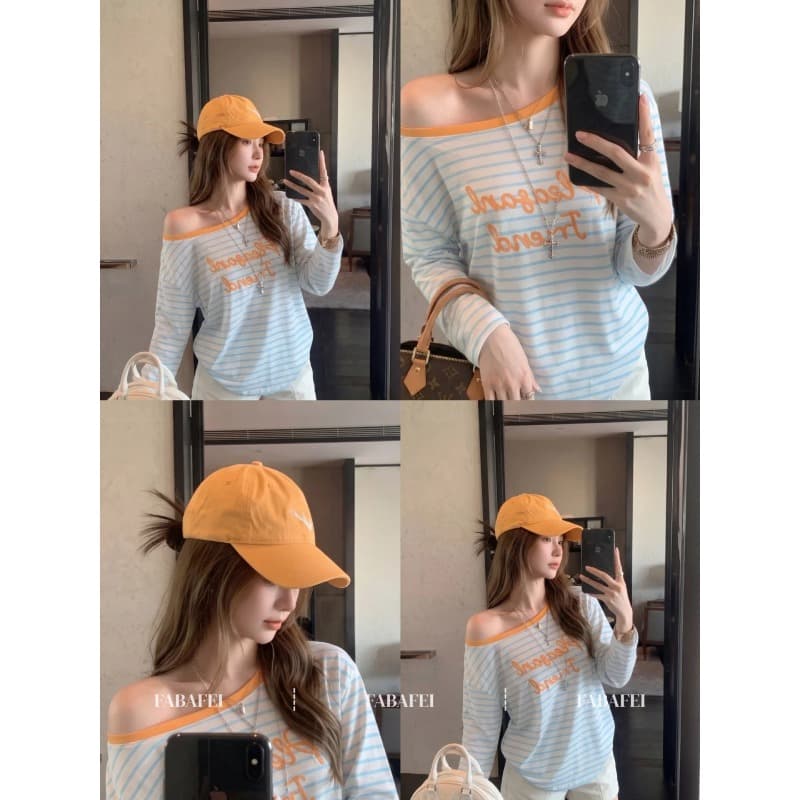 원본 품질 느긋한 바람 비스듬한 어깨 스트라이프 긴팔 티셔츠 알파벳 자수 루즈핏 슬림해 보이는 맨위 가을 이미지 3