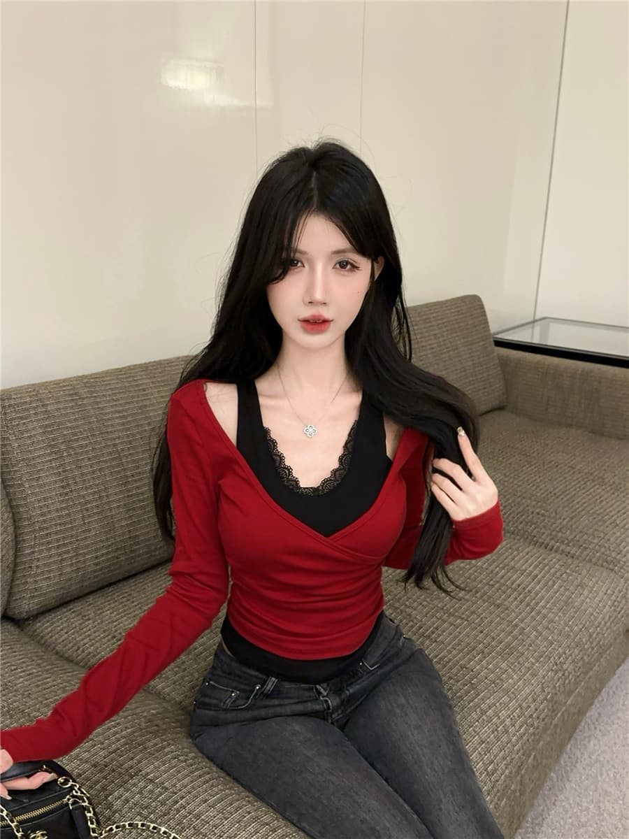 1x1 De 플러시 220 그램 슬림해 보이는 긴팔 티셔츠 여성 핫걸 순수한 욕망 바람 레이스 페이크 레이어드 V넥 맨위 상세 이미지 3