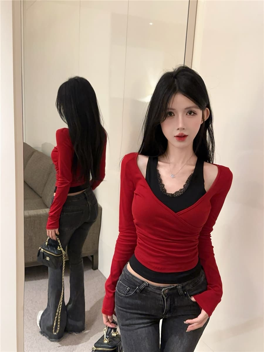 1x1 De 플러시 220 그램 슬림해 보이는 긴팔 티셔츠 여성 핫걸 순수한 욕망 바람 레이스 페이크 레이어드 V넥 맨위 상세 이미지 10