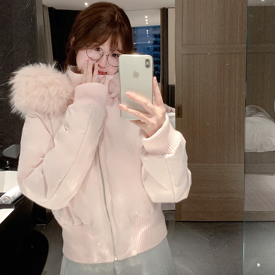 핑크색 모피 칼라 후드 쇼트 스타일 면 의류 여성 겨울 새로운 슈퍼 잘 생긴 허리 수축 재킷 큰 모피 칼라 아래 면화 의류 이미지 5