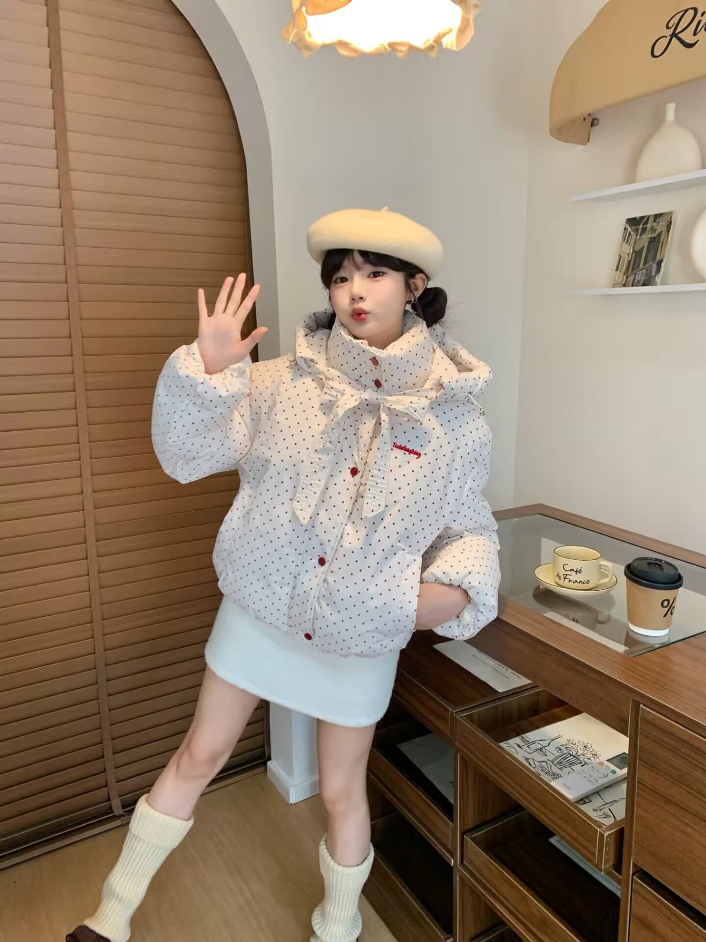 한 부서 학원 스타일 색상 도트 무늬 후드 면 의류 여성 코트 겨울 새로운 두꺼운 보온 패딩 재킷 이미지 3