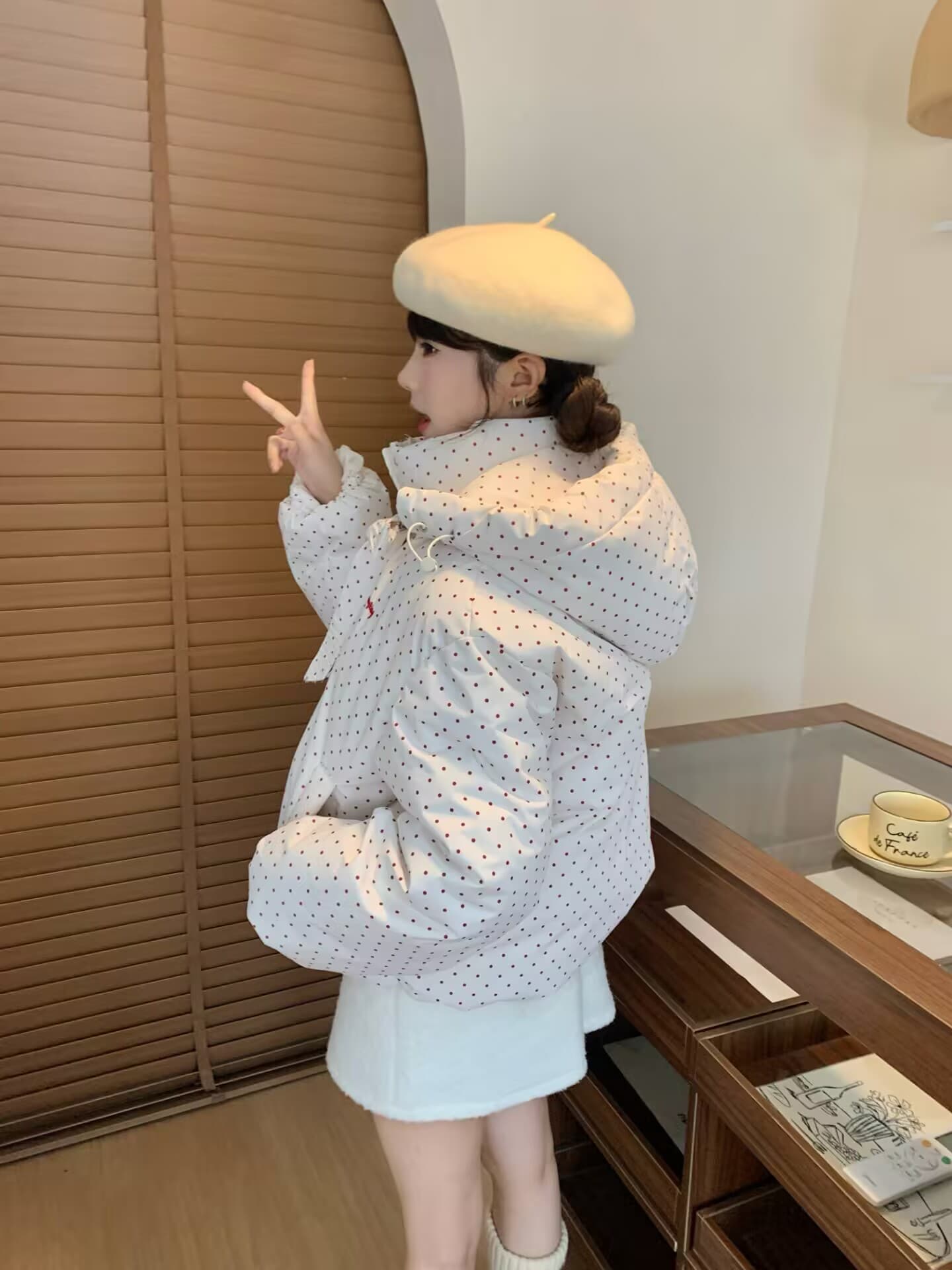 한 부서 학원 스타일 색상 도트 무늬 후드 면 의류 여성 코트 겨울 새로운 두꺼운 보온 패딩 재킷 상세 이미지 3