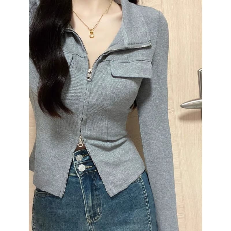 가을 POLO 칼라 핫걸 니트 오픈 가디건 여성 2026 새로운 디자인 센스 몸매 가꾸기 쇼트 스타일 더블 지퍼 맨위 여성 이미지 4