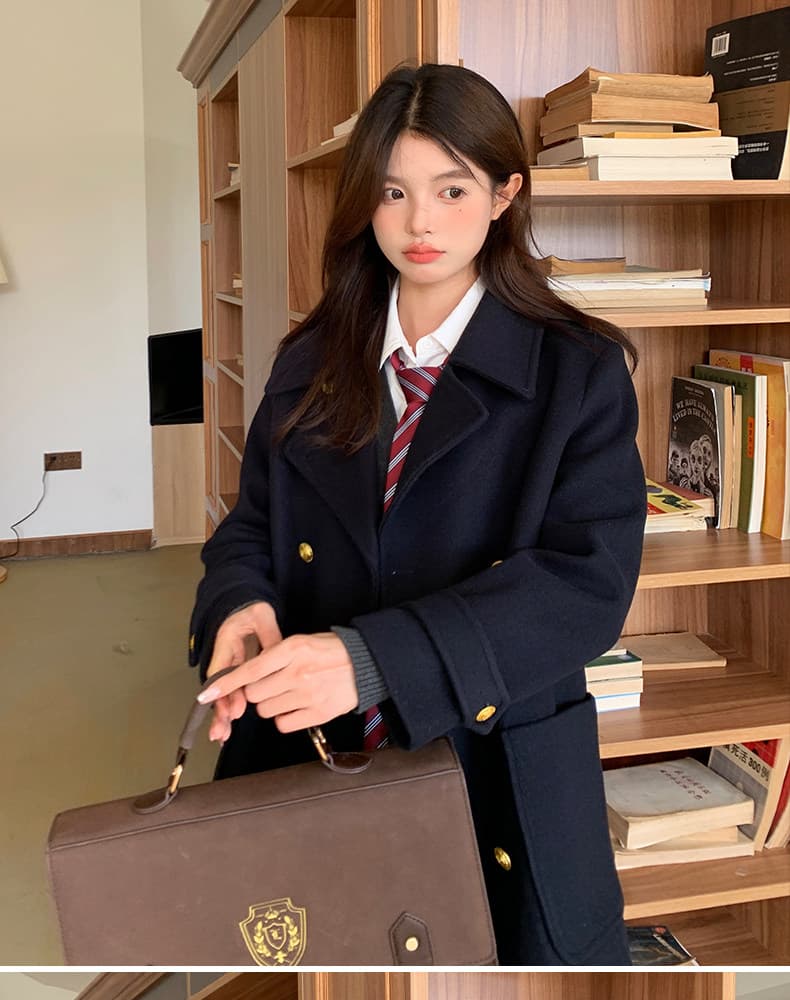 있음 뜨거운 대 버튼 360 그램 재킷 가을 겨울 일본식 학원 스타일 모직 코트 여성 코트 편지 岚 대학교 상세 이미지 10