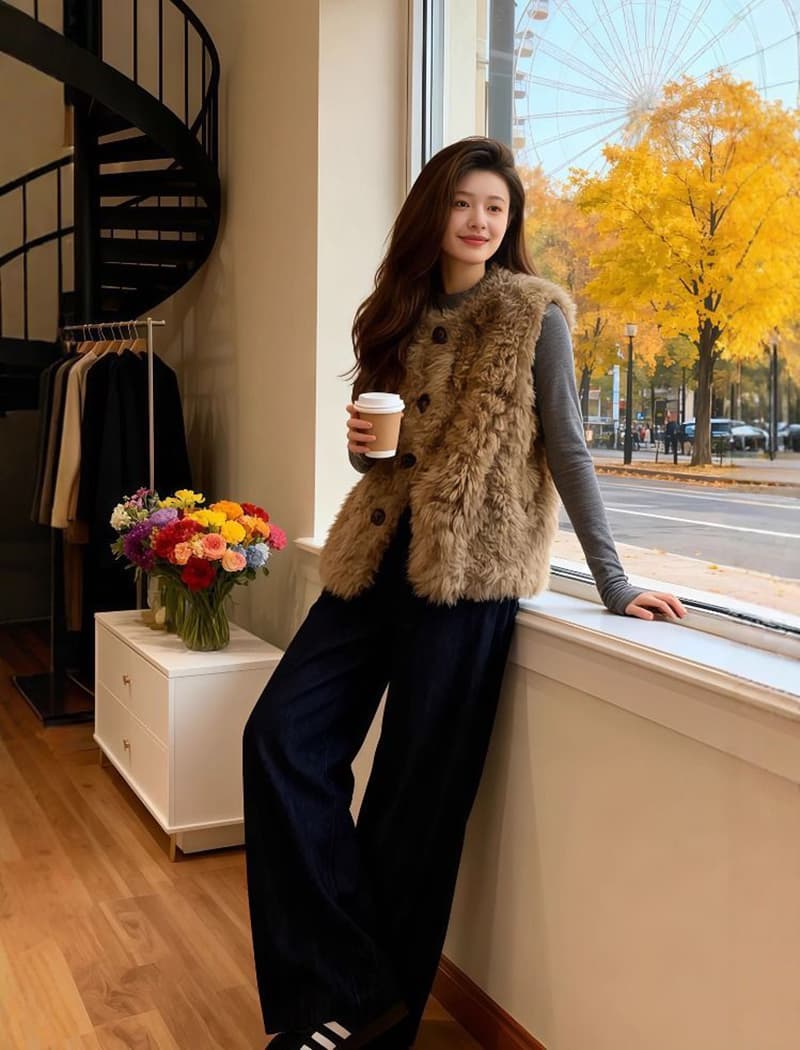 다용도 섹션 도파민 베스트 재킷 슈퍼 잘 생긴 흐름 지불 루즈핏 종류 모피 디자인 센스 보온 소녀 맨위 이미지 2
