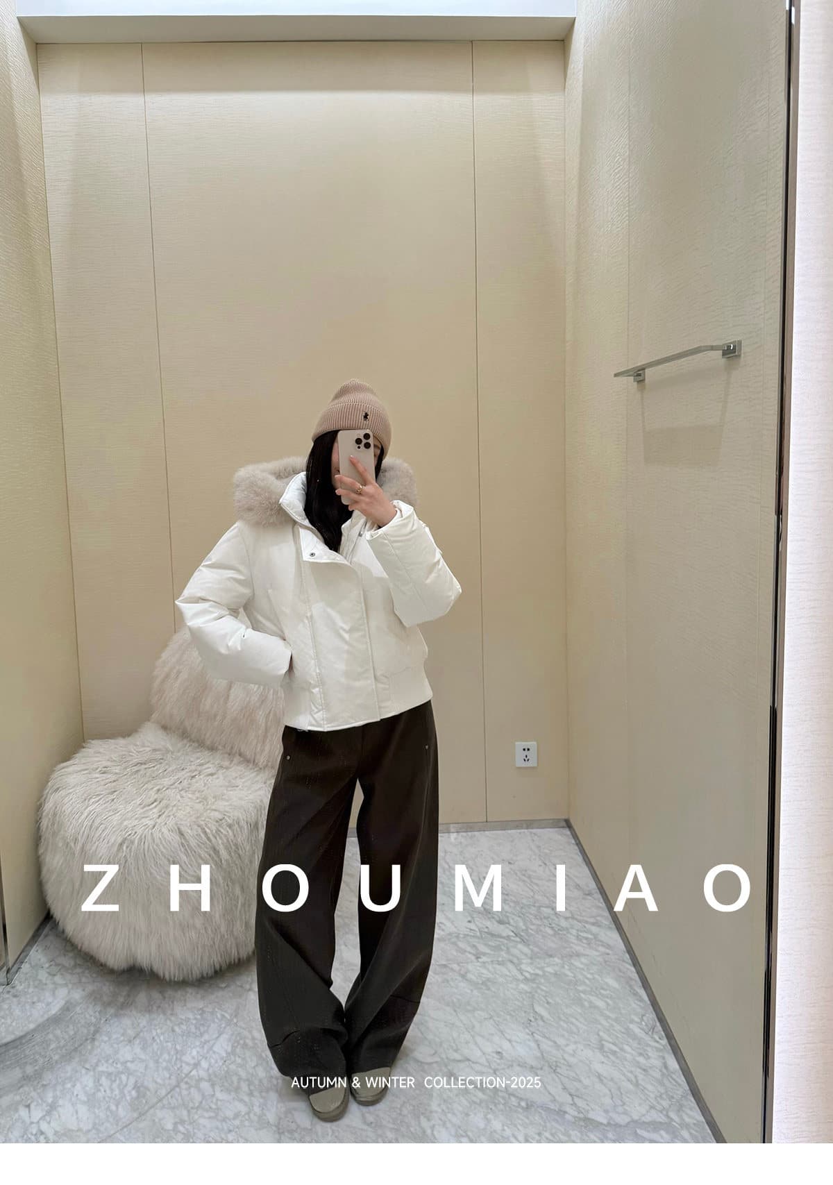 주 淼 zhoumiao 파일럿 블루 여우 모피 칼라 후드 쇼트 스타일 다운 코튼 외투 여성 겨울 상세 이미지 14