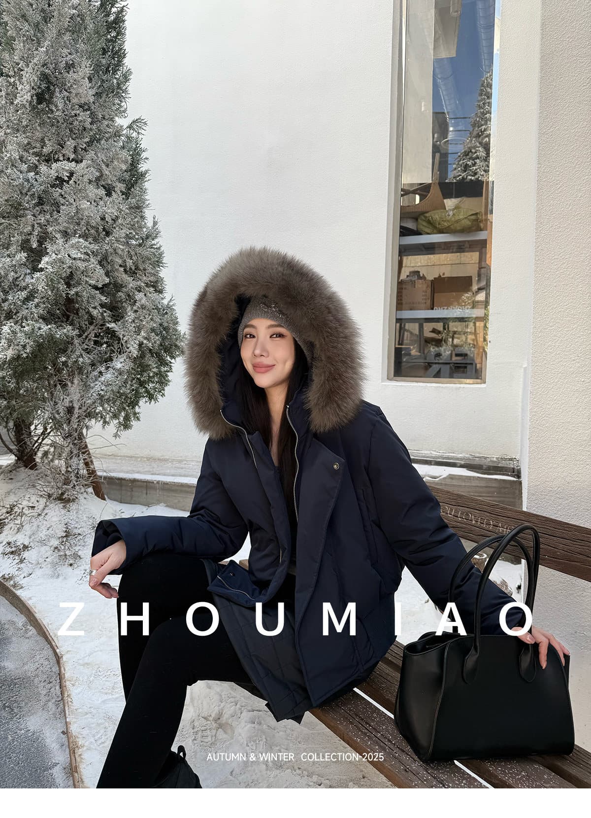 주 淼 zhoumiao 파일럿 블루 여우 모피 칼라 후드 쇼트 스타일 다운 코튼 외투 여성 겨울 상세 이미지 18