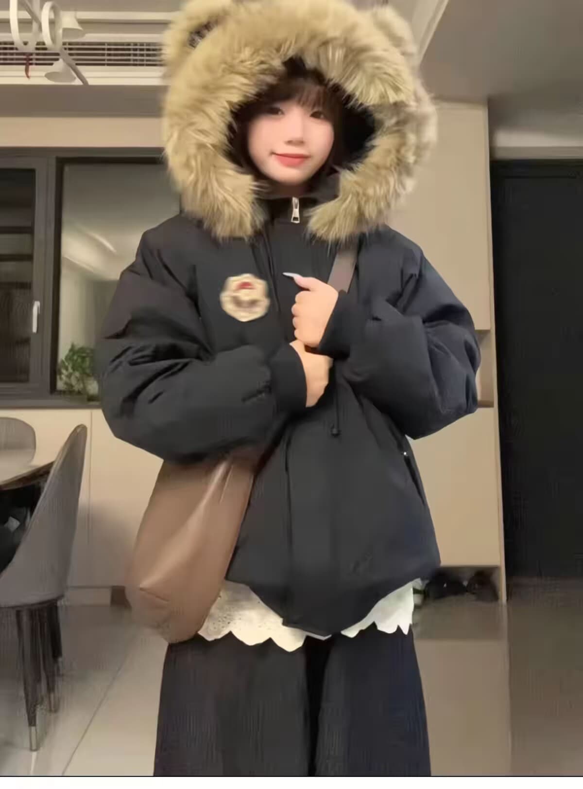 2026 겨울 학원 스타일 작은 곰 귀 모피 칼라 탈착식 재킷 면 옷 여성 두꺼운 보온 루즈핏 캐주얼 목화 진딧물 상세 이미지 13